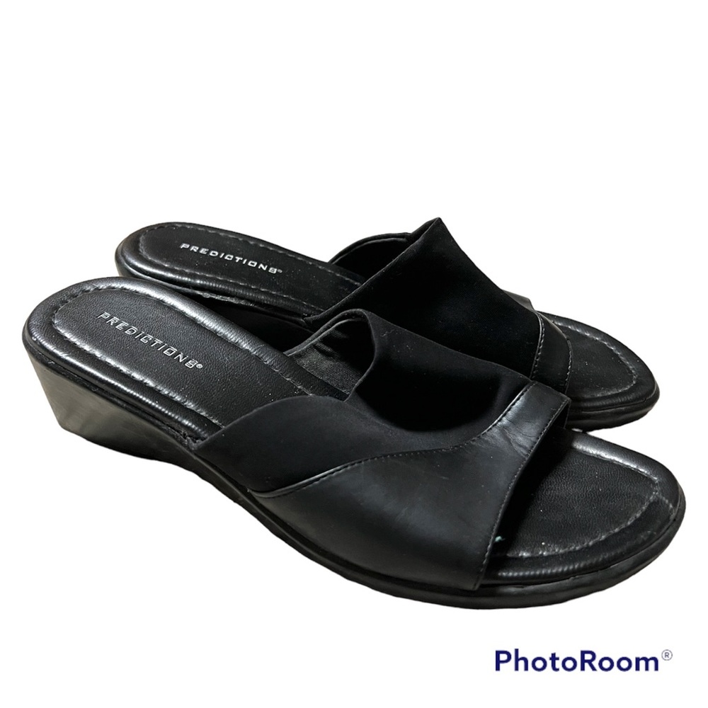◼️PREDICTIONS: Women’s size 8.5W, black slide-on sandals with stretchy band◼️